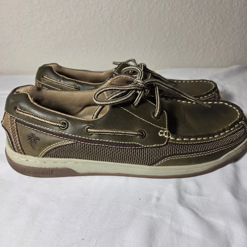 Margaritaville Mens Boat Shoes Olive Green Leather Textile Loafers Size 10 S1592